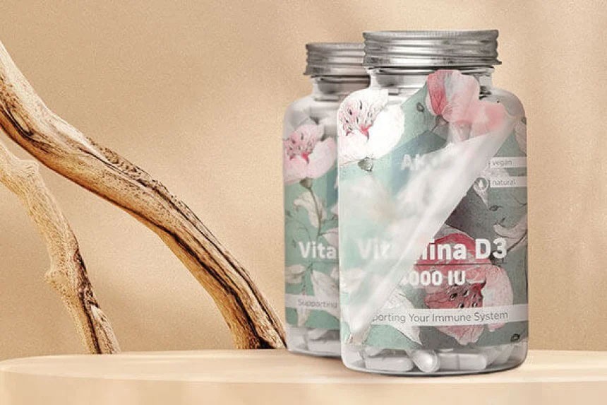 Due bottiglie di integratori di vitamina D3 con applicate delle etichette adesive su uno sfondo beige con un ramo secco.