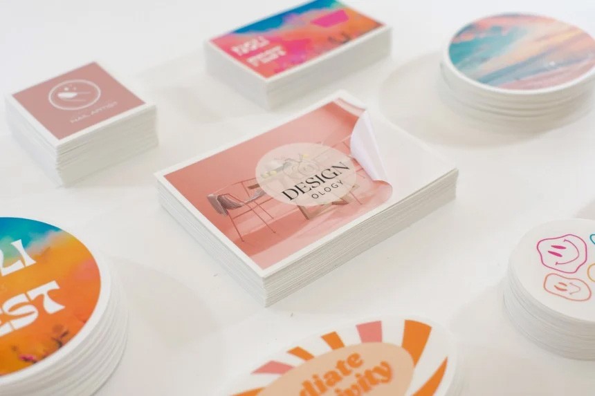 Vari adesivi personalizzati in diverse forme stampati con loghi e immagini