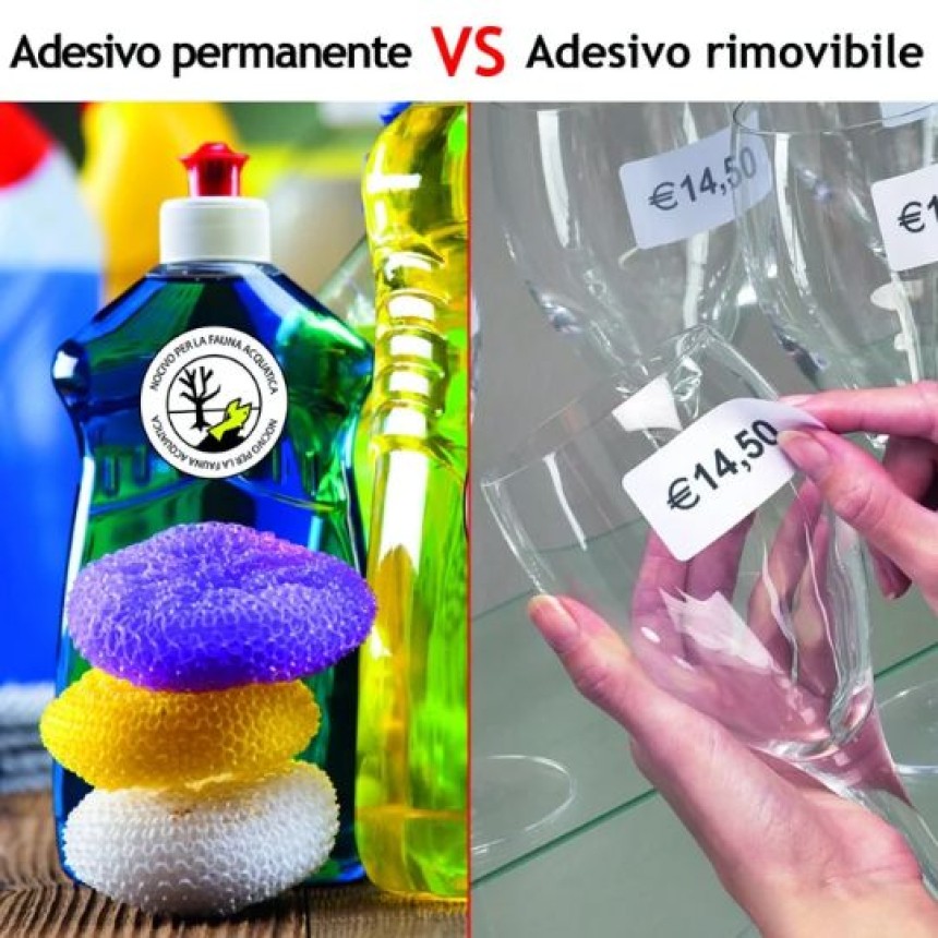 mani che applicano una etichetta con il prezzo su un bicchiere di vetro