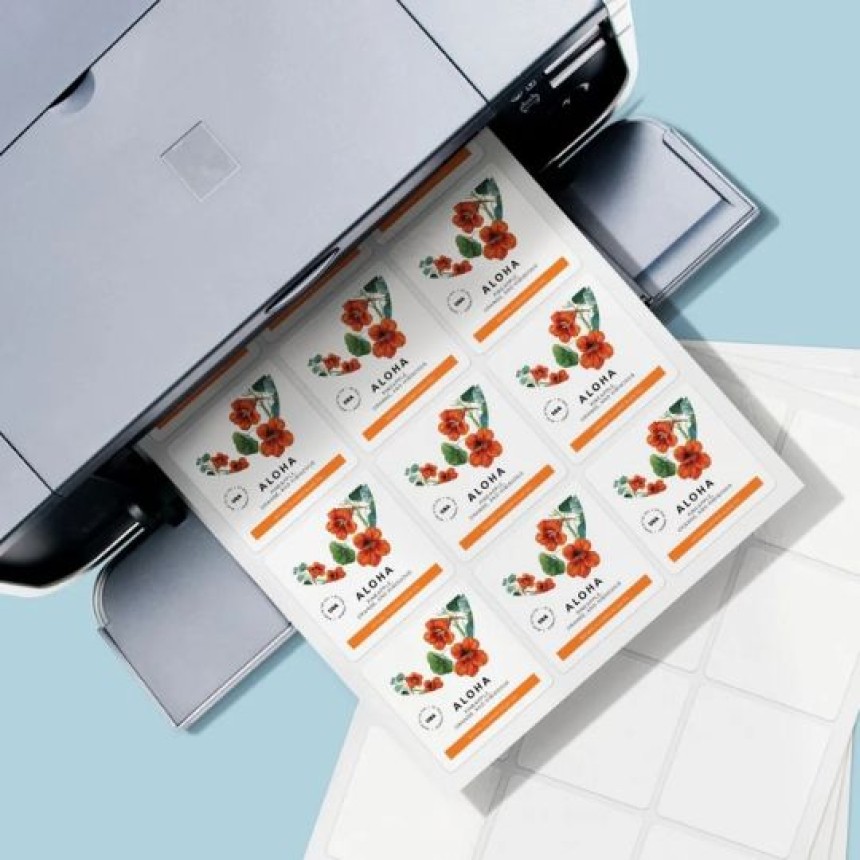 stampante con un foglio di Etichette quadrate stampate