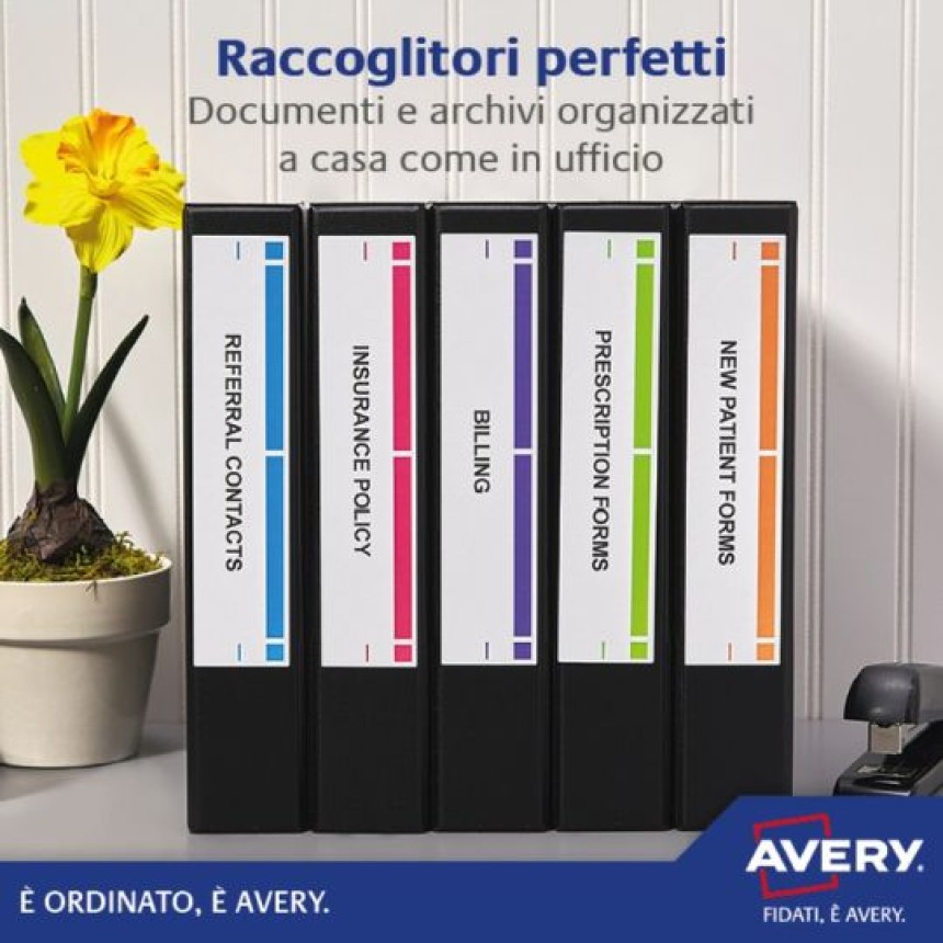 raccoglitori posizionati su una scrivania con varie etichette stampate