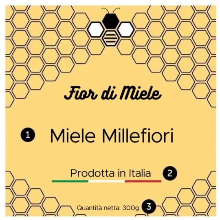 etichetta quadrata con stampate le informazioni obbligatorie per l'etichettatura del miele