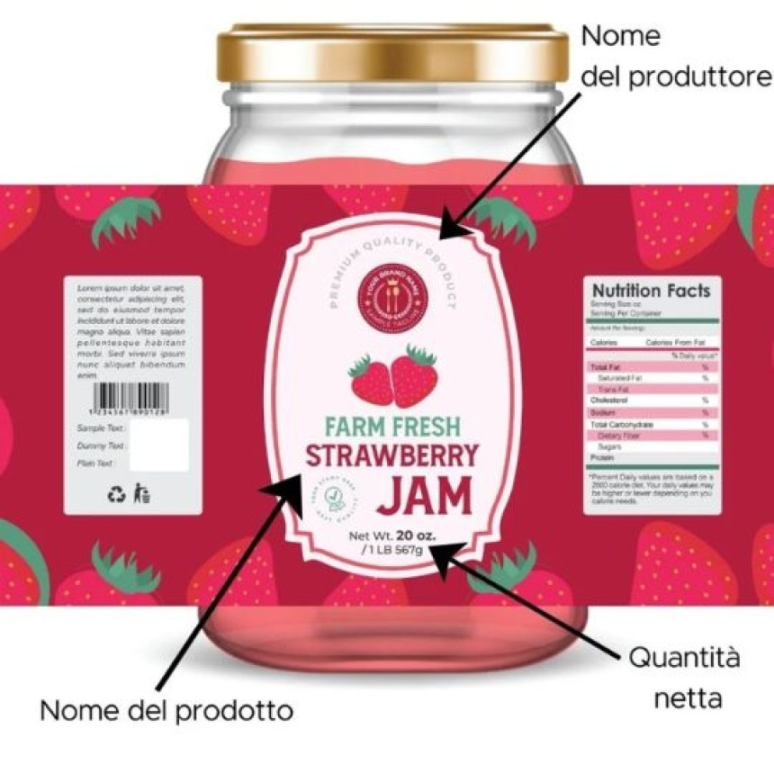 Barattolo di marmellata di fragole con etichetta rossa stampata con le informazioni obbligatorie sul prodotto