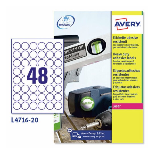 Etichette adesive in poliestere bianco L4716-20 Contenuto: 800 Etichette / 20 Foglio
