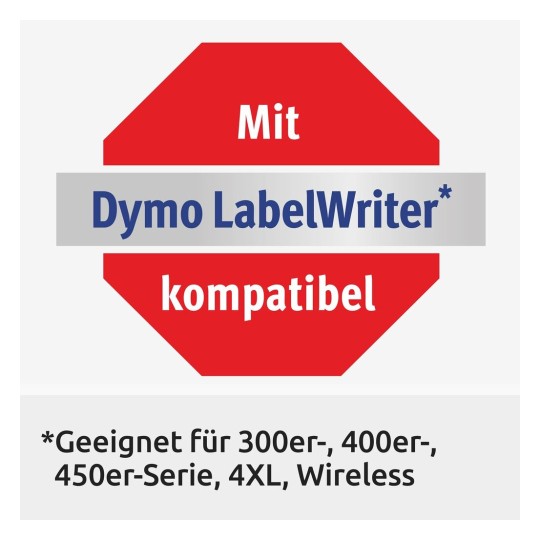 L'immagine mostra un'etichetta rossa con un messaggio che indica la compatibilità con Dymo LabelWriter e i suoi vari modelli. Contiene anche informazioni aggiuntive sui modelli supportati.