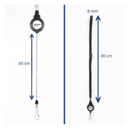 L'immagine mostra un dispositivo di ritiro, con un cavo lungo 60 cm e anello di sospensione, affiancato a un altro cavo lungo 40 cm, con spessore di 8 mm. Entrambi sono progettati per la funzionalità di ritiro.