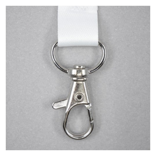 Lanyard clip made of metal, attached to a white strap.