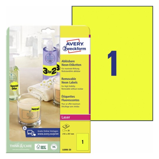 Etichette adesive rimovibili fluorescenti L6006-20 Contenuto: 20 Etichette / 20 Foglio
