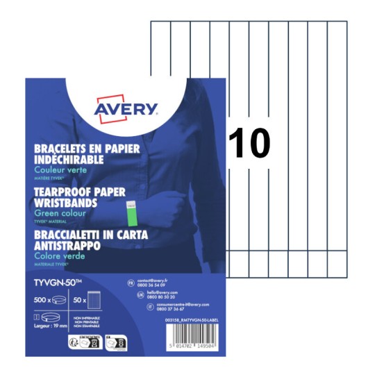 Braccialetti identificativi in Tyvek® TYVGN-50 Contenuto: 500 Bracelets / 50 Fogli