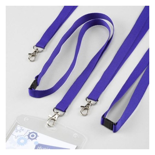 Lanyards in purple color with clips, suitable for holding ID cards or badges, displayed on a light background.