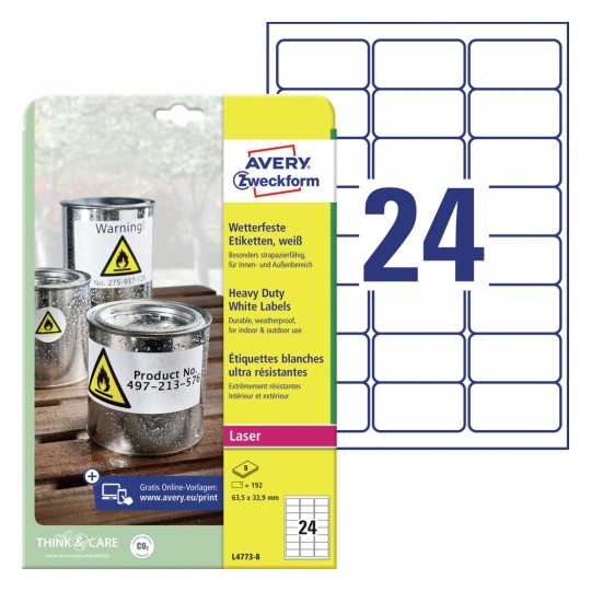 Etichette adesive in poliestere bianco L4773-8 Contenuto: 192 Etichette / 8 Foglio