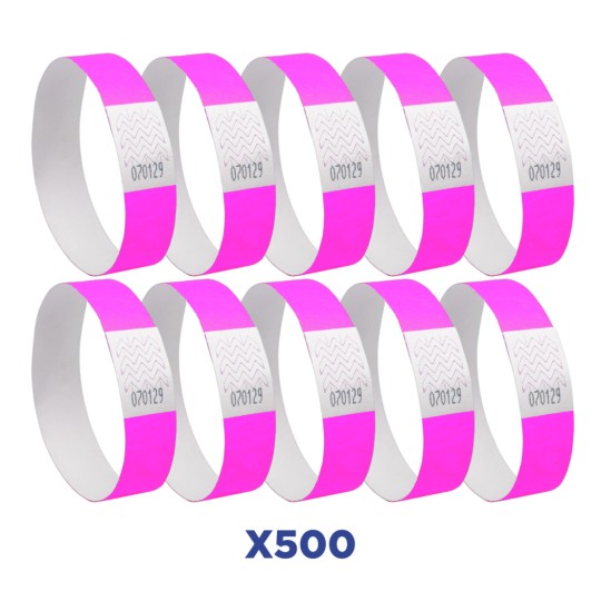 L'immagine mostra un insieme di braccialetti elettronici di colore rosa, ciascuno con un'etichetta bianca che riporta un numero. Sono presenti 10 braccialetti, in un pacchetto da 500.
