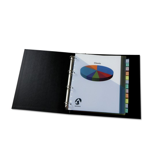 L'aspetto di un raccoglitore con un grafico a torta colorato, etichettato come 'Clients'. Viene mostrata una pagina con tabelle e schede colorate sul lato destro.
