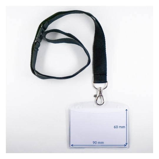 Lanyard with a clear ID card holder attached. The holder is empty with dimensions marked, showing 90 mm width and 60 mm height.