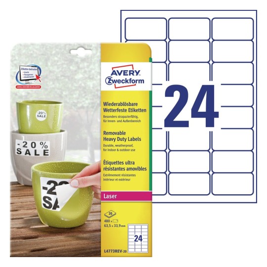 Etichette adesive in poliestere bianco L4773REV-20 Contenuto: 480 Etichette / 20 Foglio