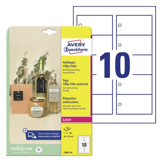 Cartellini stampabili ultra resistenti T3001-10 Contenuto: 100 Cartellini / 10 Fogli