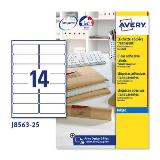 Etichette adesive trasparenti opache J8563-25 Contenuto: 350 Etichette / 25 Foglio
