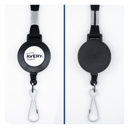 Lanyard badge holder featuring a retractable reel with an Avery logo, designed for easy access to identification cards.