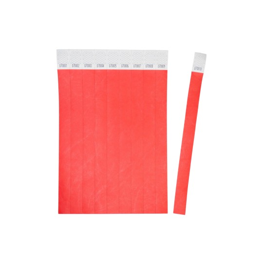 Lotto di braccialetti identificativi di colore rosso, numerati dall'001 al 010.
