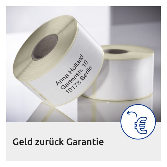 Labeled rolls with an address for Anna Holland in Berlin and a guarantee message.