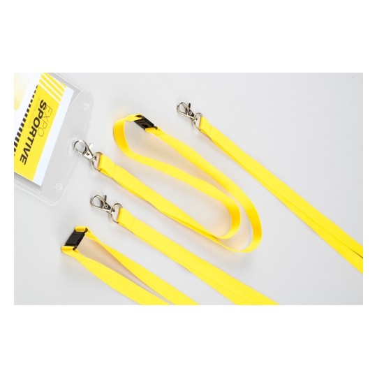 Lanyards and a badge holder in bright yellow with metal clasps.