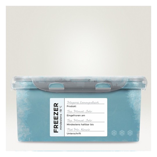 Lidded container designed for freezer storage, featuring a label with sections for product details, freezing date, expiration date, and signature.