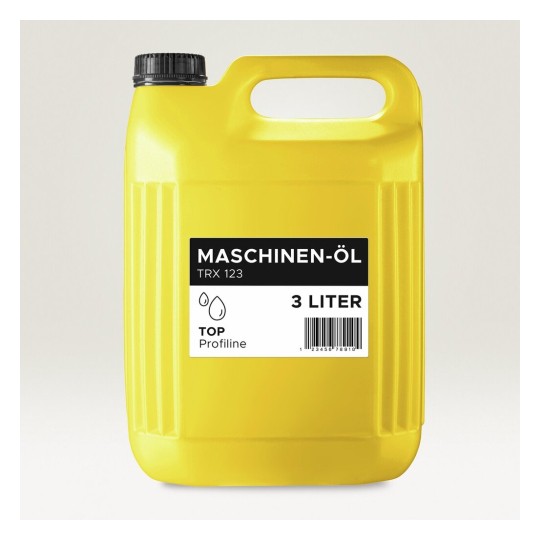 L'immagine mostra un contenitore giallo di plastica per olio per macchine, etichettato con 'MASCHINEN-ÖL TRX 123' e '3 LITER'.