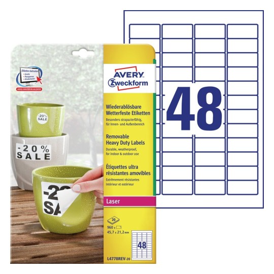 Etichette adesive in poliestere bianco L4778REV-20 Contenuto: 960 Etichette / 20 Foglio