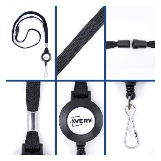 Lanyard with a retractable badge holder and metal clip, featuring a black strap and a logo.