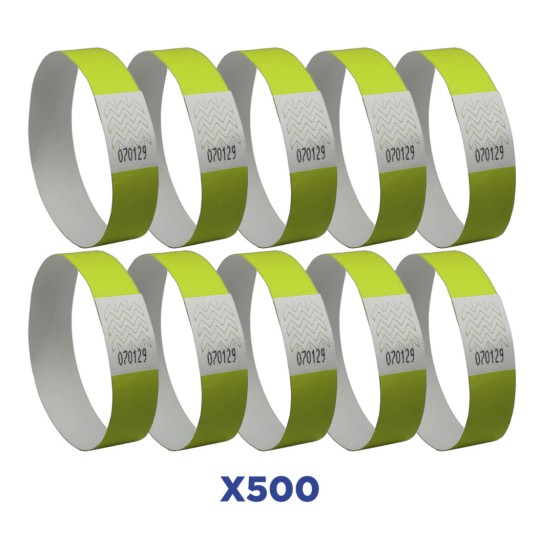 L'immagine mostra un set di braccialetti di carta con una parte verde e un numero stampato. Ci sono molti braccialetti allineati, in un totale di 500 unità.