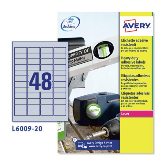 Etichette permanenti poliestere argento Avery 63,5x29,6 mm 27 et/foglio per  stampante laser monocolore conf. 100 ff