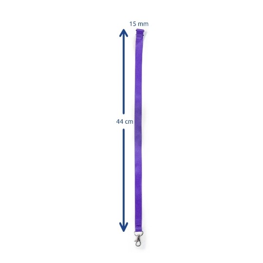 Lanyard in purple color measuring 44 cm in length and 15 mm in width, featuring a clip at the end.