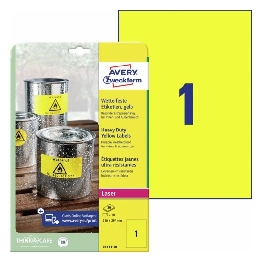 Etichette adesive in poliestere giallo L6111-20 Contenuto: 20 Etichette / 20 Foglio