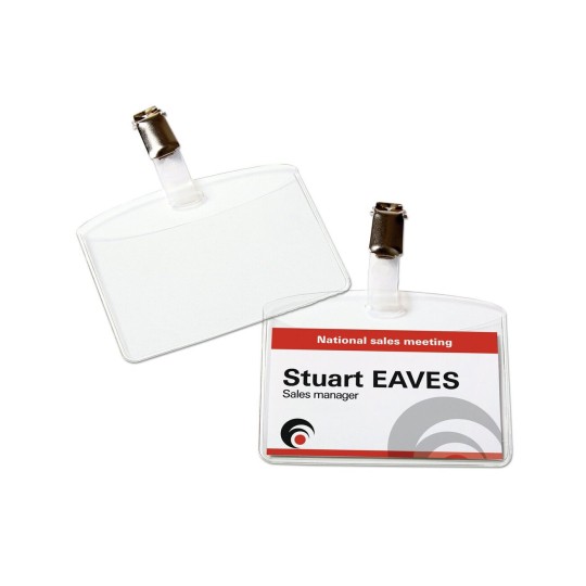 This image shows a name badge for a national sales meeting, featuring the name 'Stuart Eaves' and the title 'Sales Manager'. The badge has a clear holder and a clip for attachment.