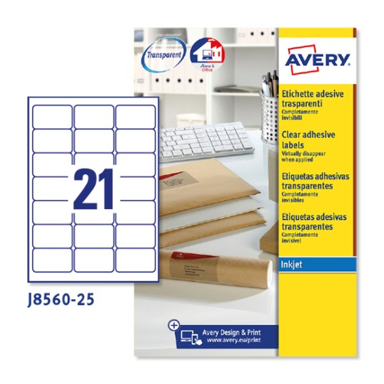 Etichette adesive trasparenti opache J8560-25 Contenuto: 525 Etichette / 25 Foglio