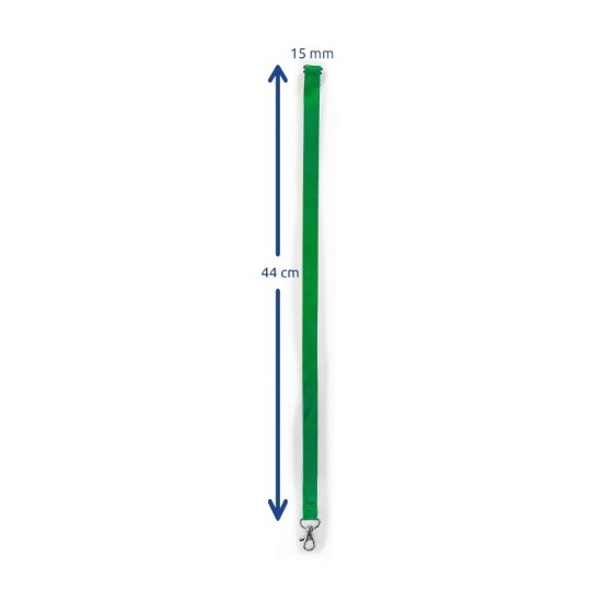 Lanyard or strap shown with dimensions of 15 mm width and 44 cm length, featuring a clasp at the end.