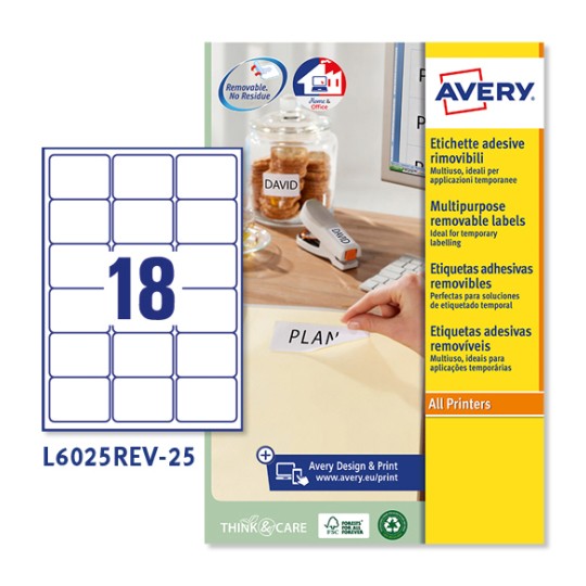 Etichette adesive rimovibili L6025REV-25 Contenuto: 450 Etichette / 25 Foglio