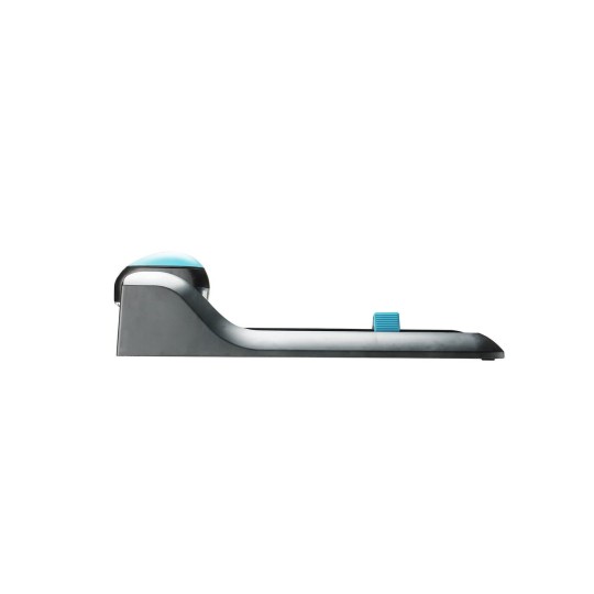 L'immagine mostra un dispenser di nastro adesivo moderno, con una forma elegante e un design minimalista. La parte superiore è trasparente mentre la base è scura, con un pulsante blu per il rilascio della pellicola.