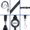 Lanyard with a retractable badge holder and metal clip, featuring a black strap and a logo.